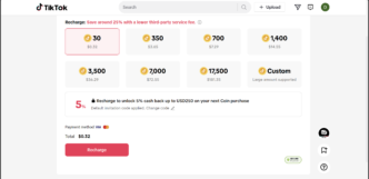Capture d’écran de la page de recharge des dons sur TikTok. (Illustration)