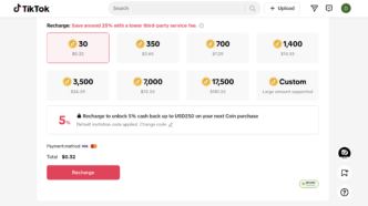 Capture d’écran de la page de recharge des dons sur TikTok. (Illustration)