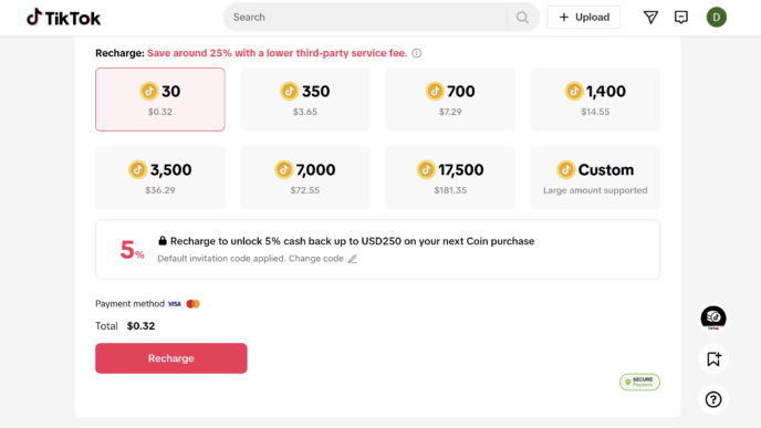 Capture d’écran de la page de recharge des dons sur TikTok. (Illustration)