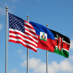 Les drapeaux des Etats-Unis, d'Haiti et du Kenia...