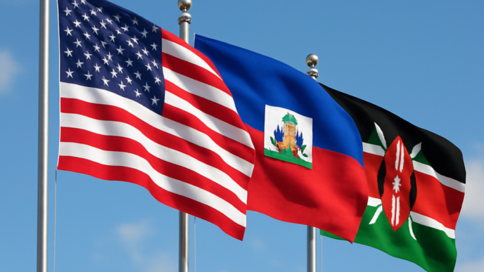 Les drapeaux des Etats-Unis, d'Haiti et du Kenia...