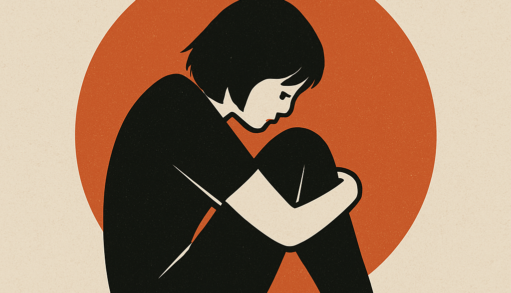 Un personnage assis, silhouette sombre, recroquevillé sur lui-même devant un cercle orangé. L’illustration reflète la lourdeur de la souffrance intérieure, sans jugement, avec sobriété et compassion. Image générée par IA — ChatGPT (OpenAI)