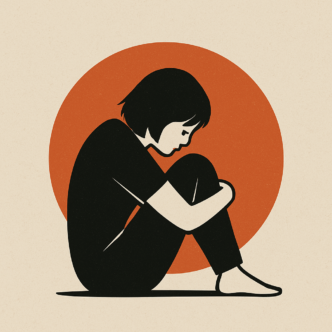 Un personnage assis, silhouette sombre, recroquevillé sur lui-même devant un cercle orangé. L’illustration reflète la lourdeur de la souffrance intérieure, sans jugement, avec sobriété et compassion. Image générée par IA — ChatGPT (OpenAI)