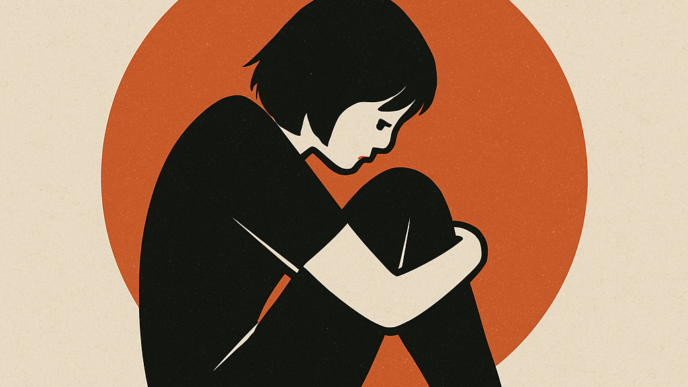 Un personnage assis, silhouette sombre, recroquevillé sur lui-même devant un cercle orangé. L’illustration reflète la lourdeur de la souffrance intérieure, sans jugement, avec sobriété et compassion. Image générée par IA — ChatGPT (OpenAI)